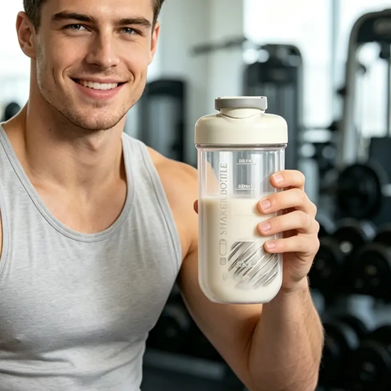 Portable Fitness Shaker Cup, Gym Water Bottle, 750ML Large Capacity, Unisex, with Measurement Lines and Mixing Ball Lid, Transparent Design, Ideal for Gym, Camping, Travel