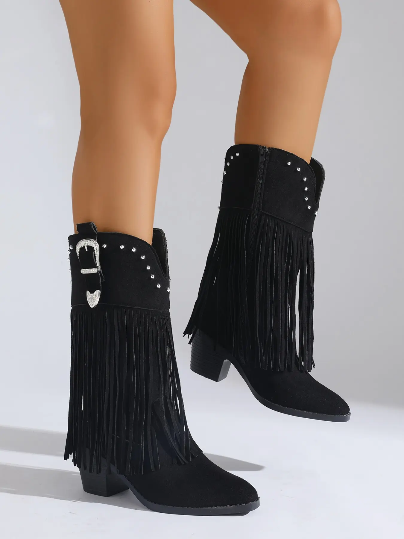 American Vintage Nude Side Zipper Fringe Jeans Boots, Women's Heeled Mid-Calf Outdoor Country Style Western Leather Boots