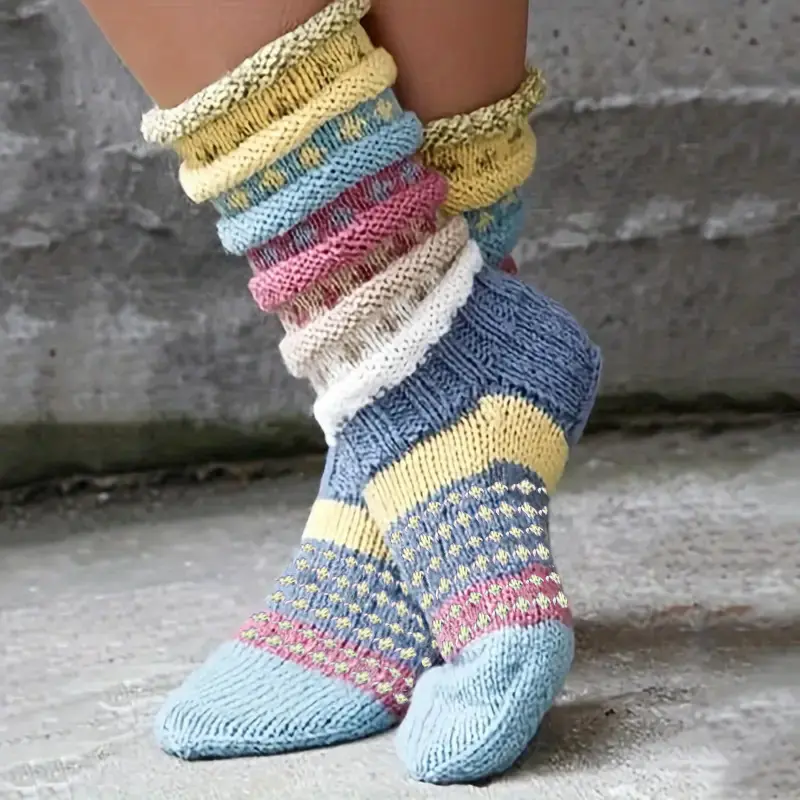 Women's Free Size Colorful Striped Wool Socks - Slouch-Fit Jacquard Knit, Soft, Warm, Breathable, Machine Washable for Casual Wear