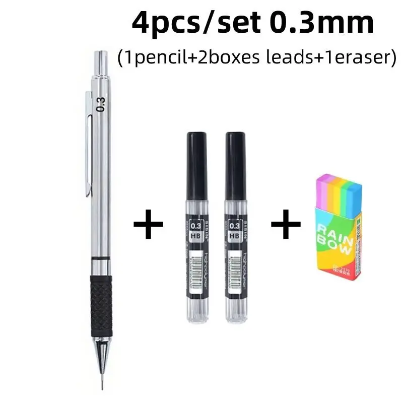 Metal Mechanical Pencil Set, 1pc Anti Slip Soft Grip Handle Activity Pencil with 2 Boxes Lead & 1pc Eraser, Mechanical Drawing Pencils, Drawing Sketching Writing Office Stationery Supplies, School Stationery, Stationery Writing Tools