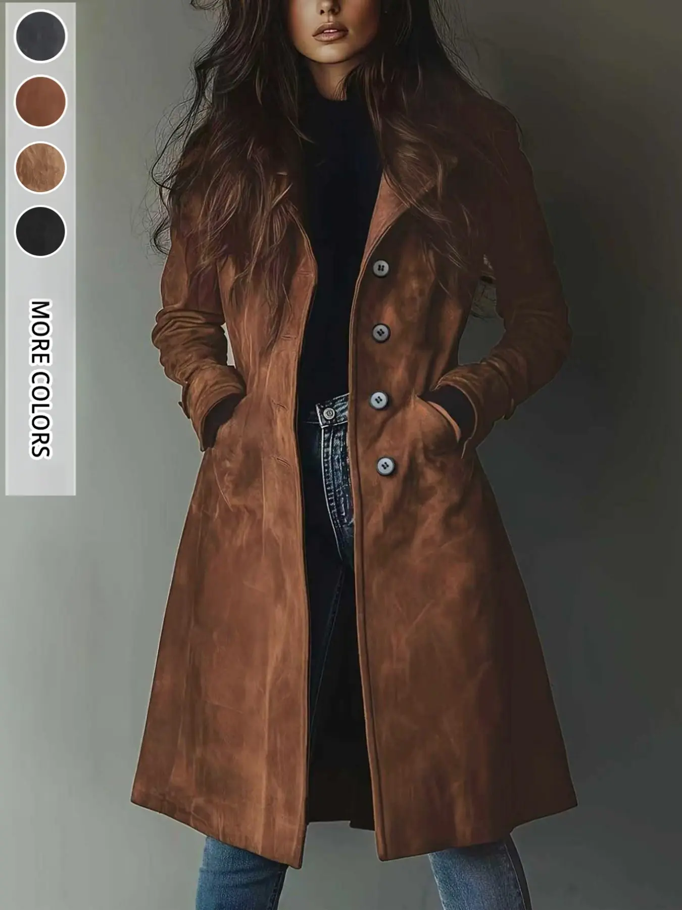 Women's Vintage Faux Leather Mid-Length Coat, Roll Collar Single Button Waistcoat, Large Pockets, Fall Winter Windproof Warm Outerwear