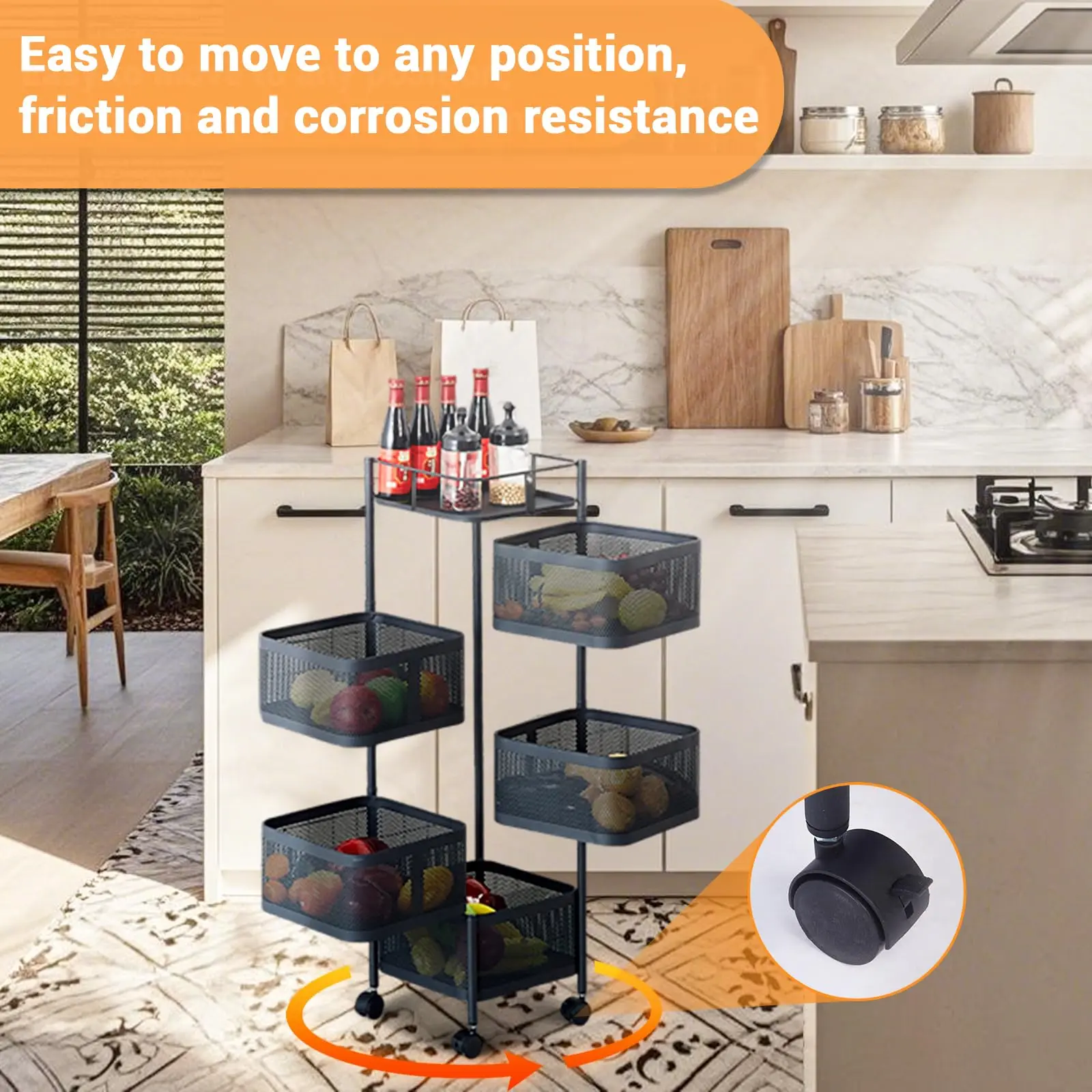 GARVEE Space-Saving Rotating Kitchen Storage Rack – 6-Tier Metal Mesh Organizer with Lockable Wheels, Breathable Shelves, Ideal for Fruits, Vegetables, Pantry, Bathroom, or Living Room – White,Black