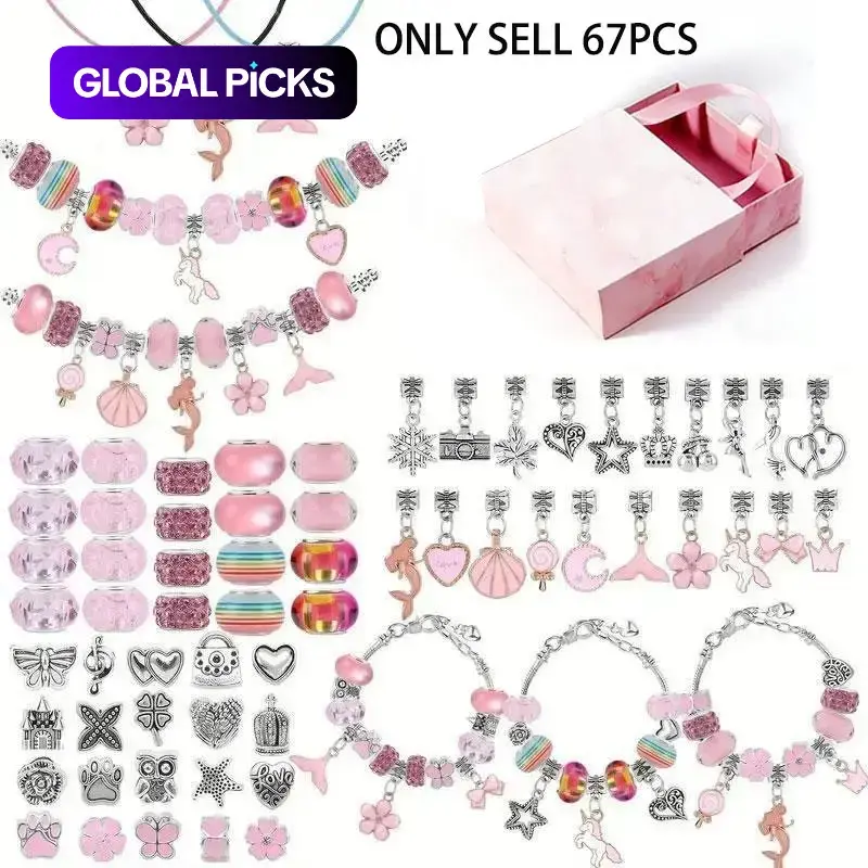 67Pcs DIY Charm Bracelet Beads Set, Beaded Making Kit, Jewelry Making Supplies Kit with Storage Box (5.5x2x4.7inch), 60 Bead Accessories, 3 Bracelets and 3 Necklaces, Creativity Inspiring Perfect Birthday Gift for Girls 6-10 Years Old #GLOBAL PICKS