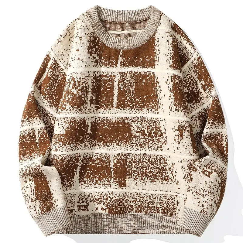 American Retro Distressed Ink-Splattered Checkered Pattern Crew Neck Knit Sweater, Versatile For Commuting, Campus, And Street Wear, Long-Sleeved Knit Top For Autumn And Winter, Casual Couple'S Knit Top