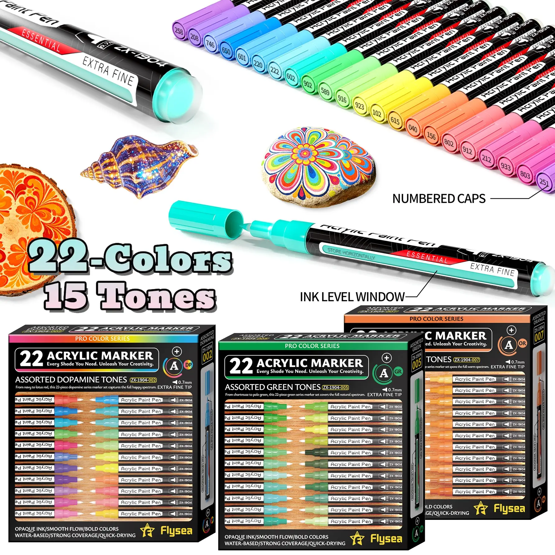 15 Color Series Acrylic Markers, 22 Colors Per Series, Fine Tip 0.7mm, Quick-Dry Ink, Ideal for Art, Craft, and DIY Projects