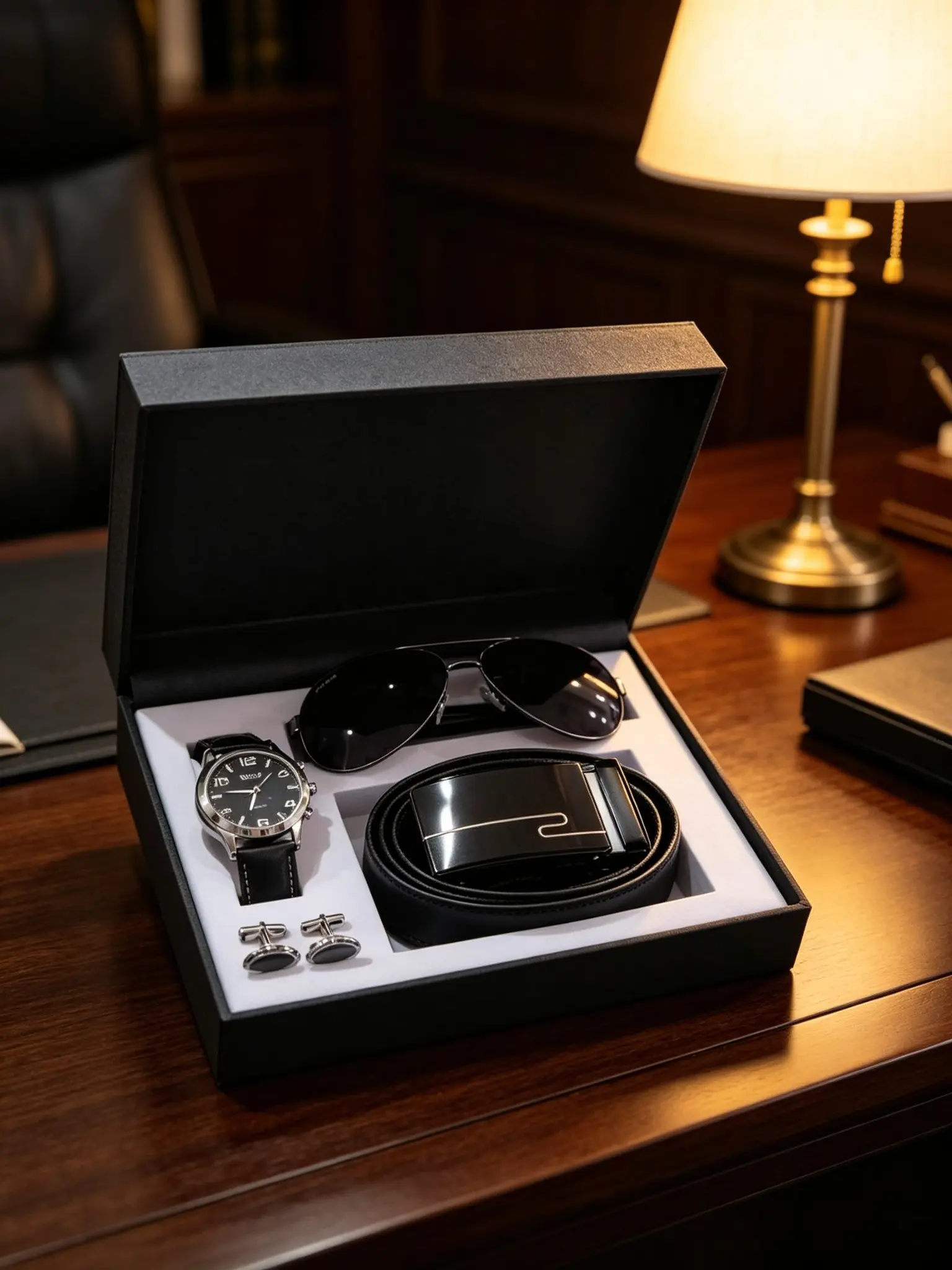 Men's New Gift Set, Men Accessories, Versatile Elegant Watch + Sunglasses + Belt + Cufflinks, Creative Four-Piece Combo, Perfect Present for Him