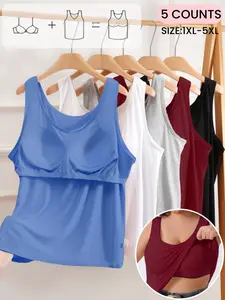 【Plus Size】 Solid Color Wireless Tanks, Soft Comfortable Breathable Tanks with Built in Bra, Women's Underwear for Daily Wear