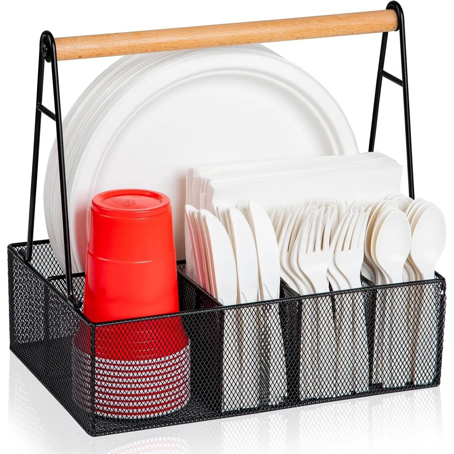 Paper Plate Organizer with Handle for Countertop, Metal Silverware Caddy for Cup, Napkin, Fork and Spoon, Paper Plate and Utensil Holder, Cutlery Caddy for Party, Camping, Picnic (Black)