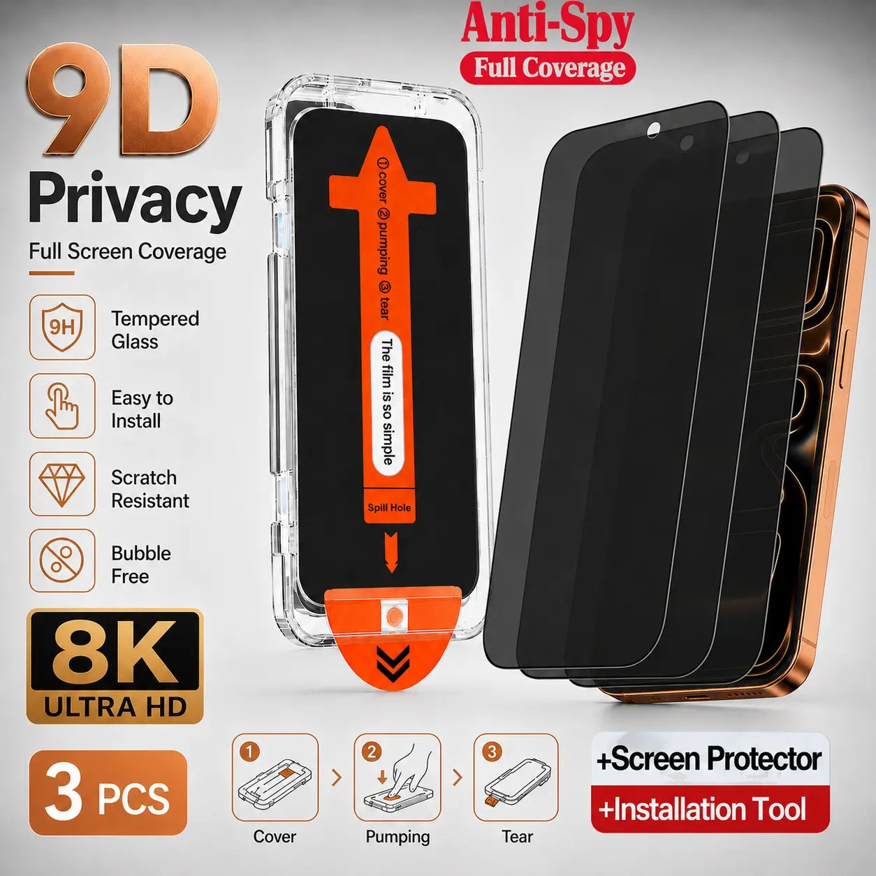 3-Pack 9D Full Screen Anti-Spy Tempered Glass Film for iPhone X/XR/11/12/13/14/15/16/17 Pro/pro Max, 9h Hardness, 8k Clarity, Privacy Protection
