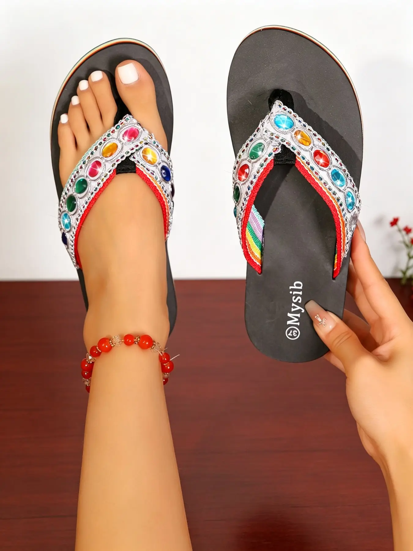 Women's Fashion Rainbow Thick Sole Sandals, Sparkly Rhinestone Flip Flops, Summer Outdoor Anti-Slip Height Boost Beach Shoes