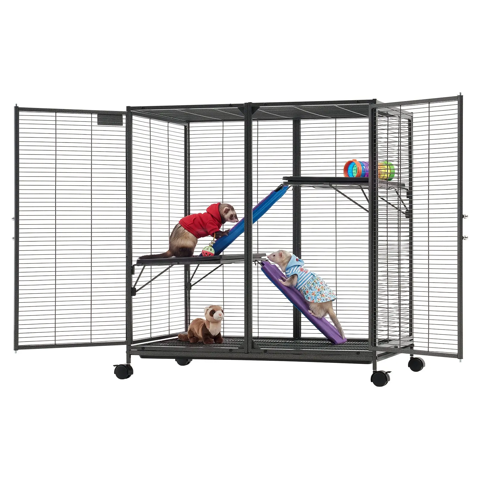 VEVOR Metal Small Animal Cage 37.8"H 3-Tier Rolling Ferret Cage On Wheels, 0.55" Wire Spacing Large Cages with Ramps, Platform, Tray & Doors for Ferret, Chinchilla, Sugar Glider, Guinea Pig & Rabbit