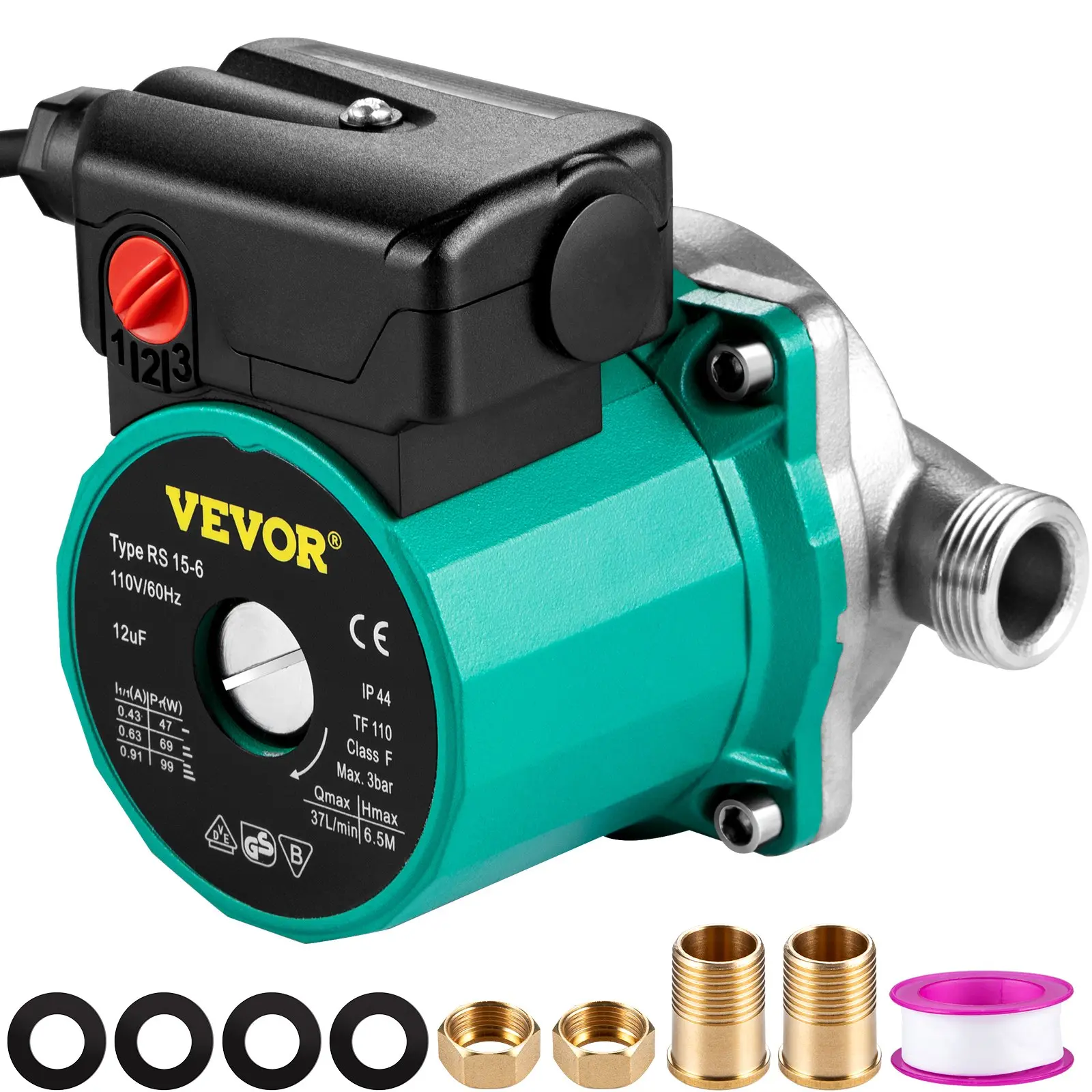 【Summerfinds】VEVOR Hot Water Recirculating Pump, 93W, 110V Water Circulator Pump, Circulation Pump, 3/4" G Thread to 1/2" NPT Brass Adapter, Stainless Steel Head, 3 Speed Control for Electric Water Heater System