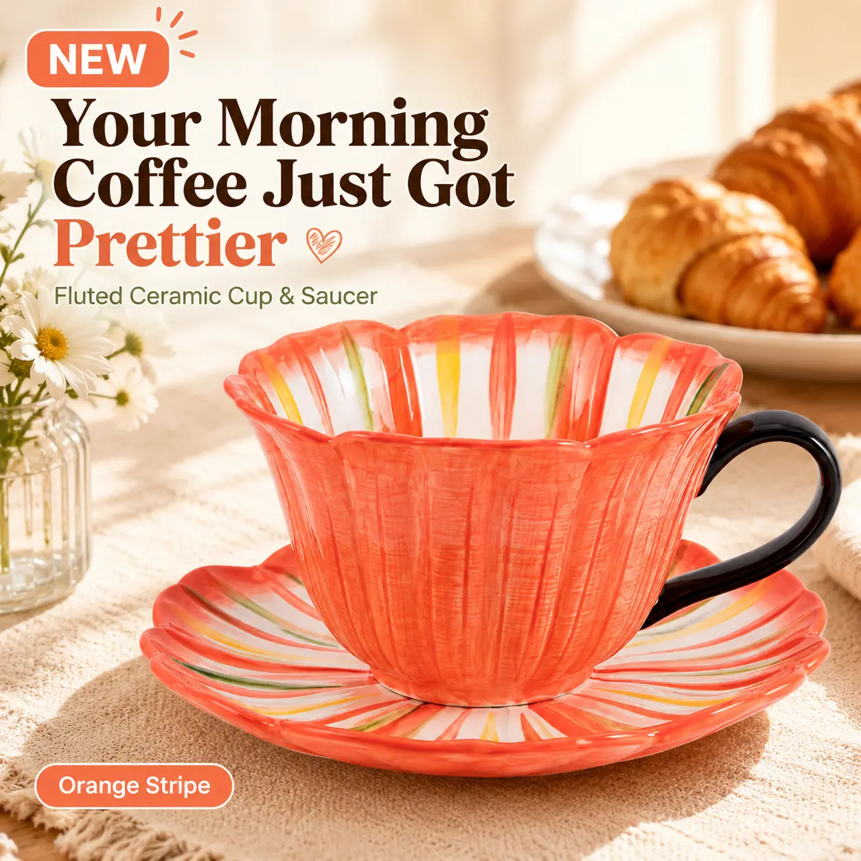 Rainbow Pink Ceramic Fluted Cup and Saucer Set of 2 with Black Handle, 8.8 fl oz Microwave-Safe Dishwasher-Safe Home Festive Drinkware Sets for Coffee Tea