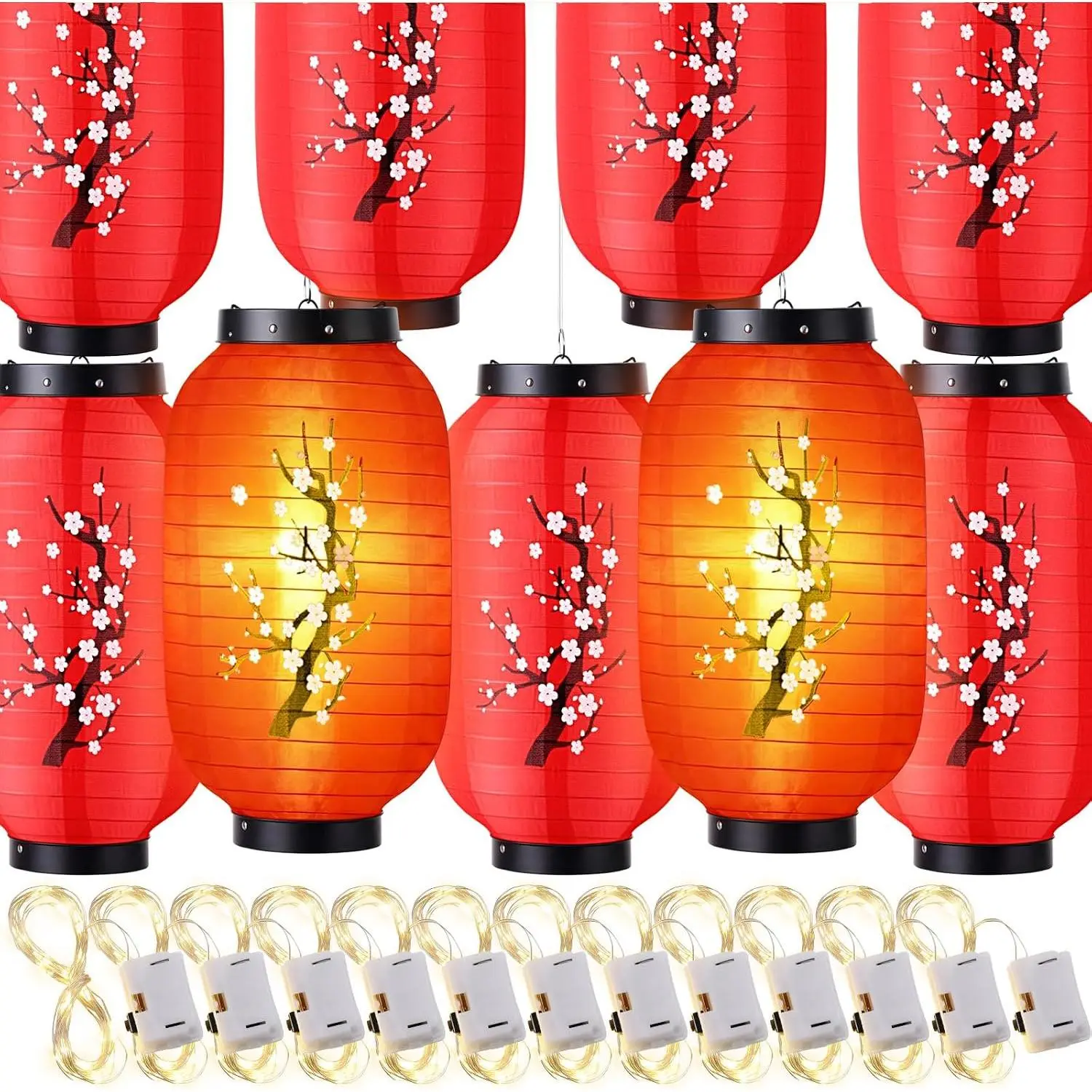 24 count  Cherry Blossom Silk Lanterns 8 x 14 Inch   Lantern Decorations for Wedding Party Restaurant Festival Decor Including 12 Lanterns and 12 Lights(Plum Bossom)