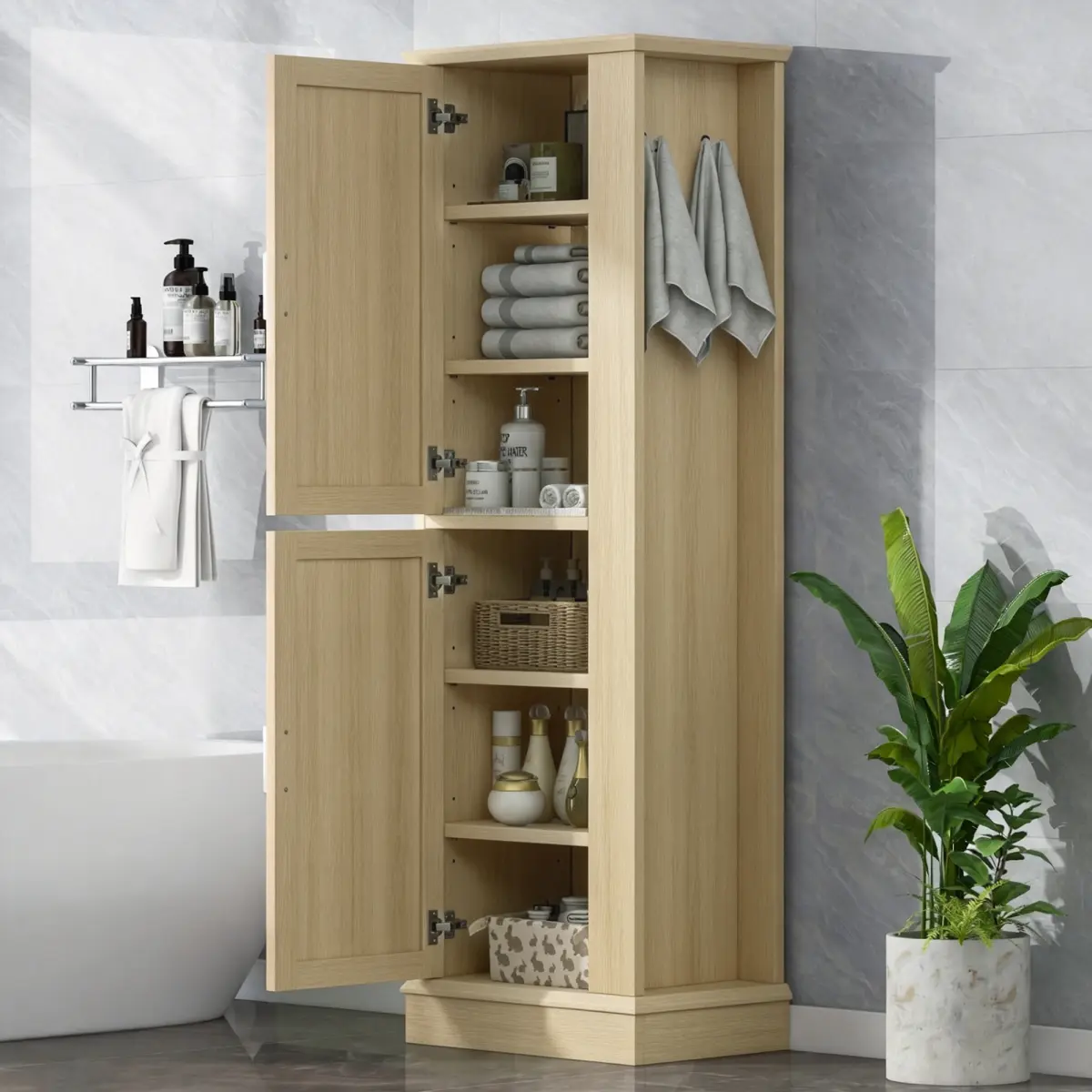 Freestanding Tall Bathroom MDF Organizer Cabinet with 2 Doors, Hook, Adjustable Shelf - Space-Saving Floor Storage for Towels, Toiletries, MDF Finish, Laundry Room Use