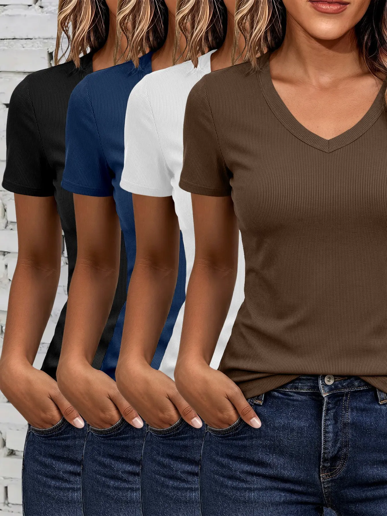 Women's Ribbed V-Neck Short Sleeve T-Shirt Casual Stylish Tee 4-Piece Set, Elegant Fitted Solid Top, All Seasons Wear, Plain Surface, Unlined