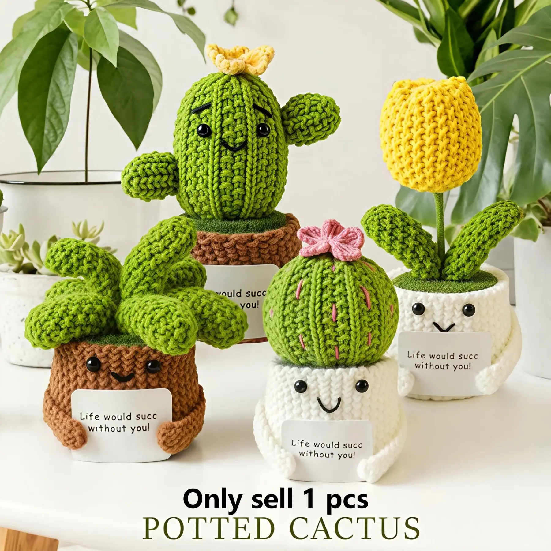 Crochet Cactus Succulent Potted Plant Plush Toy, Cute Stuffies, Handmade Knitted Amigurumi with Encouragement Card, No Maintenance Home Office Desk Decor, Thank You Appreciation Gift for Coworkers & Friends