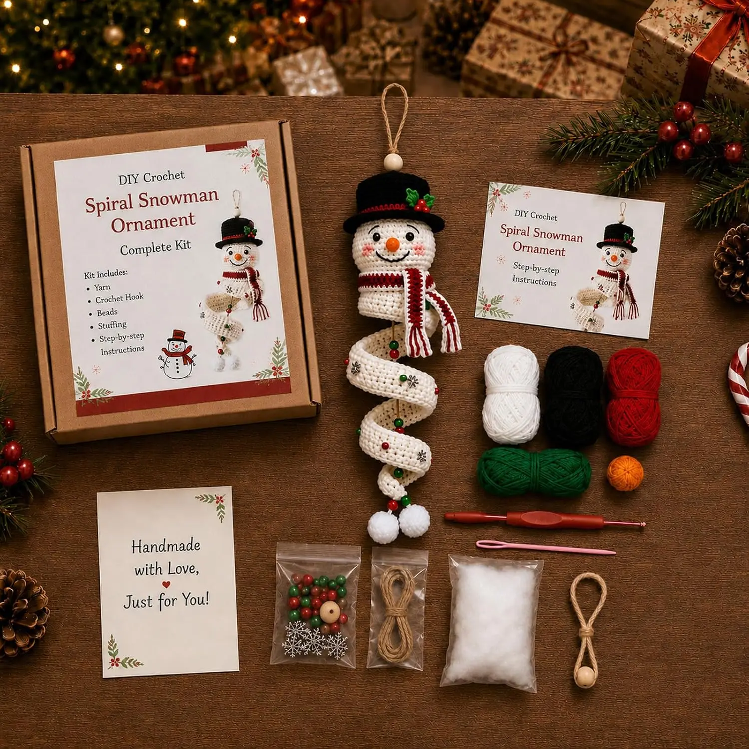 KTMIES DIY Spiral Crochet Snowman Kit Set, Cotton Yarn Christmas Tree Hanging Ornament Craft for Adults, Handcrafted Look Holiday Decorations & Winter Gift (White)
