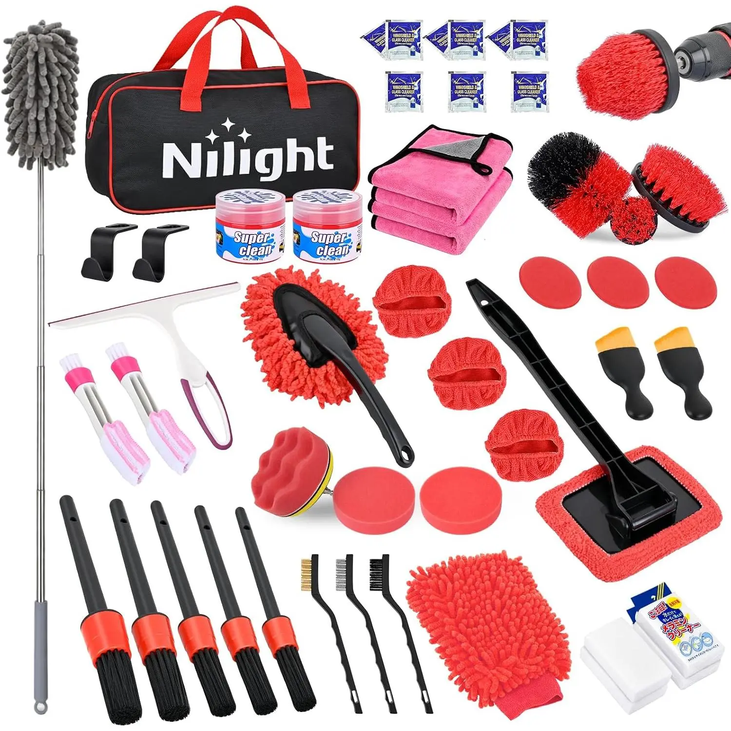 Nilight 52PCS Scratch-Free Car Detailing Kit Set with Storage Carry Bag - Deep Cleaning Tools for Cars/Motorcycles Interior, Exterior, Windshield, Dashboard, Seats, Air Vents, Wheels, Tires, Drill Brushes (Red)