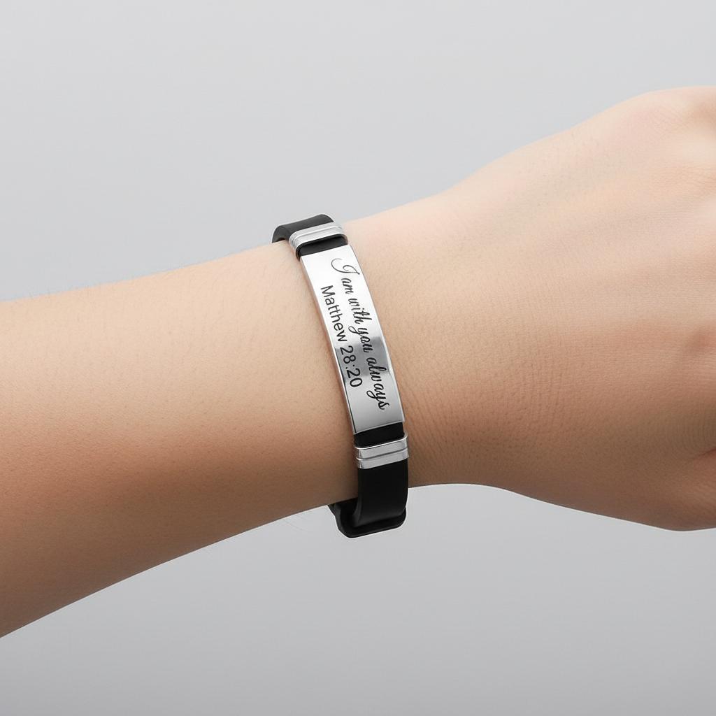 "I Am With You Always Matthew 28:20 Engraved Silicone Bracelet, Christian Bible Verse Adjustable Wristband, Religious Faith Gift for Men Women, Baptism Confirmation Gift