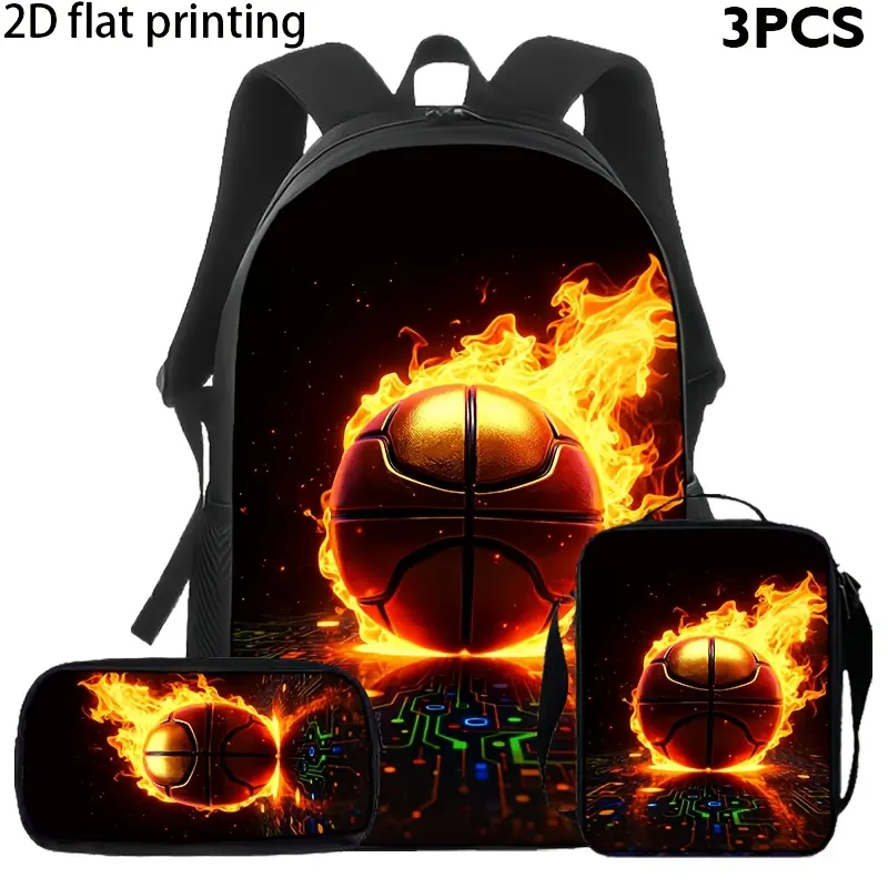 Flaming Basketball 3-Piece Polyester Backpack Set - Adjustable Sports School Bookbag with Matching Lunch Bag, Pencil Case, Fireball Design for Boys Teens, Player Gift for School Travel Practice