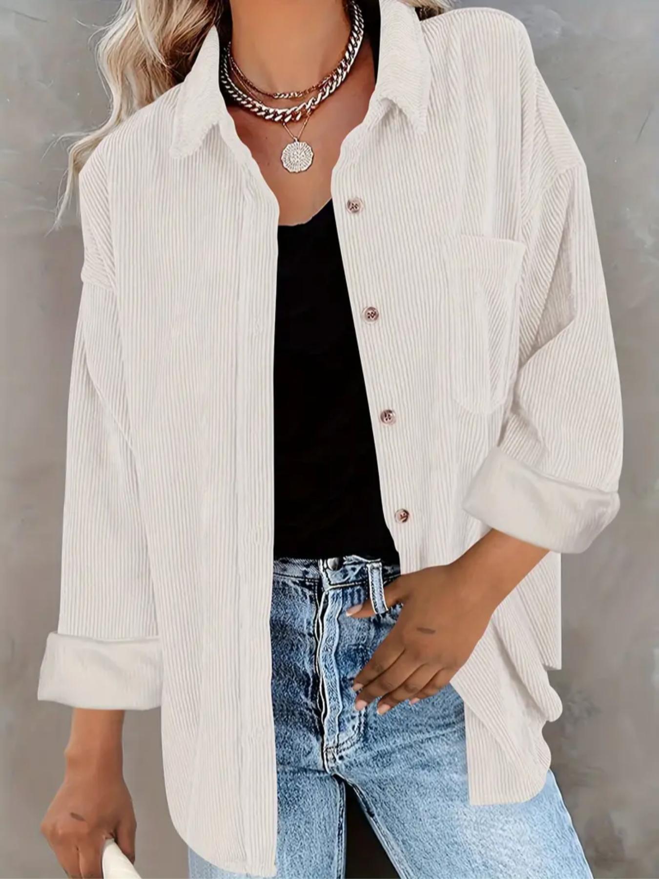 Women's Corduroy Button Shirt With Pocket, Long Sleeve Loose Drop Shoulder Style For Spring & Fall