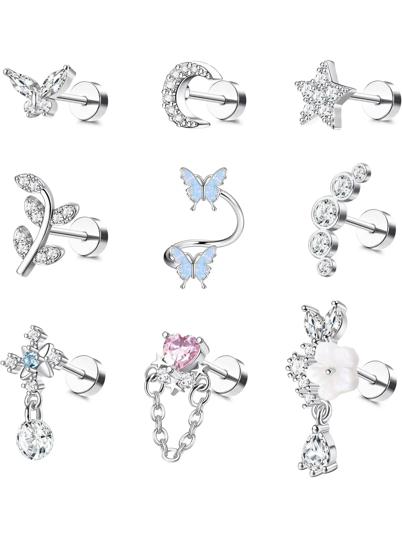 16 Gauge Flat Back Cartilage Earrings for Women Hypoallergenic Stud | 9Pcs Stainless Steel Earrings for Sensitive Ears Leaf Butterfly CZ Flatback Earring Set Helix Tragus Piercing Jewelry