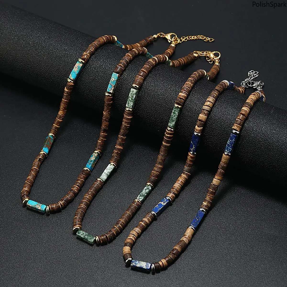 Coconut Shell Choker Necklace, Funky Boho Style Beaded Jewelry with Natural Stone, Beach Surfer Accessory, Romantic Anniversary Gift, Beaded Necklaces, Choker Length, Beaded Necklace