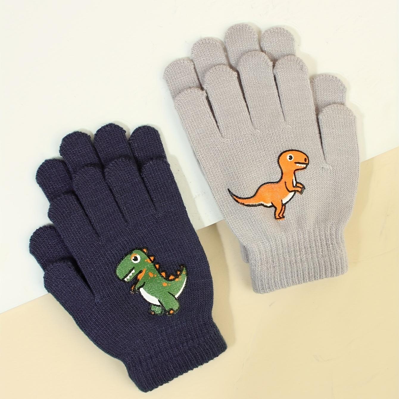 2 Pairs Youngsters' Winter Gloves with Cartoon Dinosaur Print - Warm Fingerless Mittens for Boys & Girls, Beige & Navy Blue, Machine Washable, Perfect for Fall & Winter, Youngsters Winter Gloves, Fall Winter Gloves, Playful Design, Durable Youngsters Glov