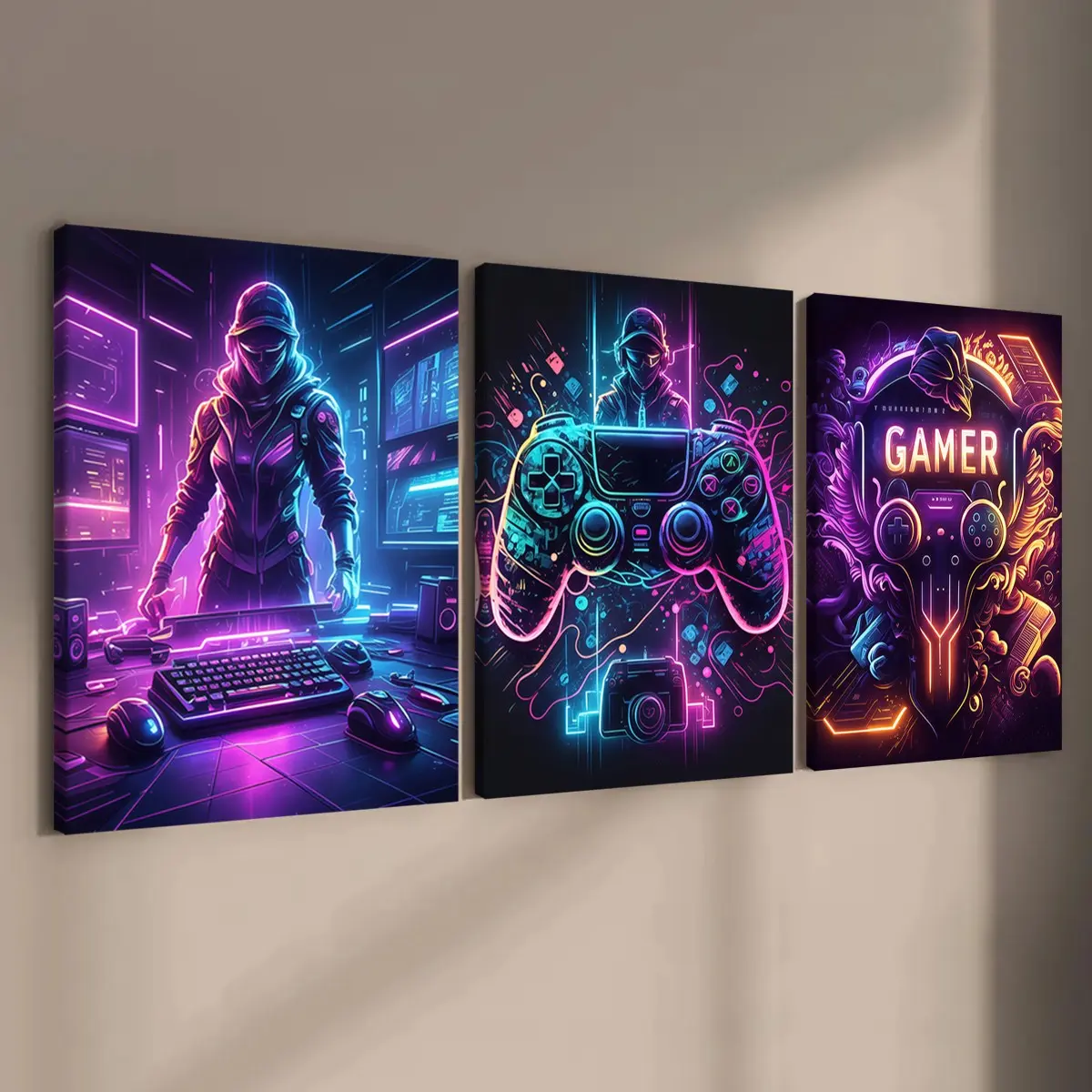 3-count wooden frame canvas, neon game controller cool art poster, graphic prints, Picture image prints, e-sports room atmosphere, living room decoration, modern art decoration, suitable for corridor, office, bedroom art, waterproof, gift
