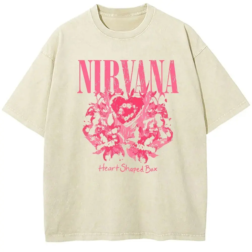 Unisex Nirvana Heart Shaped Box Vintage Washed Oversized Baggy Loose Round Neck Pink Graphic Sports Top, 90s Grunge Rock Aesthetic, Casual Streetwear Menswear Tee
