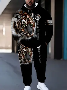 Dark Realistic Tiger Trendy Plus Size Men's Sweatshirt and Pants Set, Casual Long Sleeve Asymmetrical Design, Fall & Winter Fashion