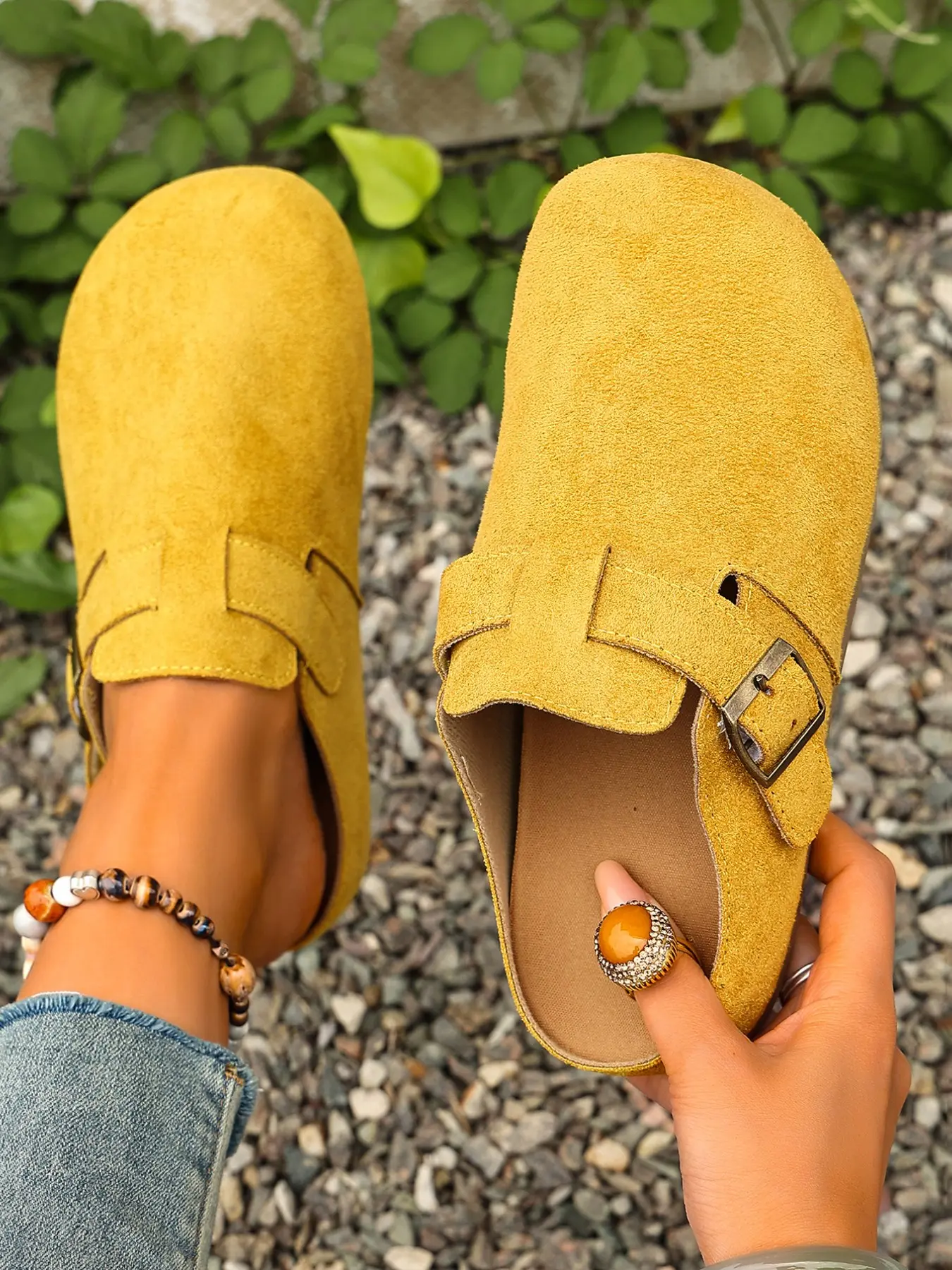 Women's 2026 Spring Summer New Velvet Slip-On Slippers, Wide Fit Comfortable Casual Thick Soled Mule Flats, Adjustable Bronze Buckle, Non-Slip Thick Sole