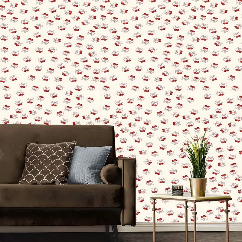 Kawaii Sweet Cherry Ribbon Bow Peel And Stick Wallpaper,Removable Self Adhesive Contact Paper for Bedroom, Dorm, Aesthetic Wall Decor Roll, Perfect Coquette Gift for Girls & Home Decor Lovers