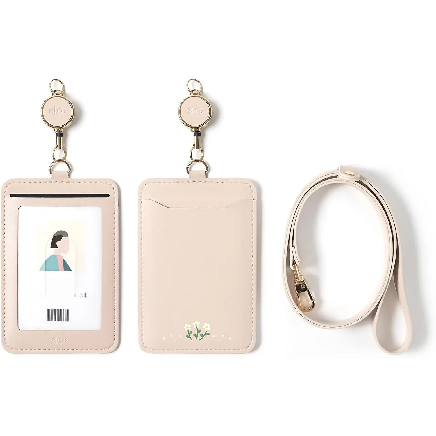 ID Badge Holder with Adjustable Lanyard & Retractable Badge Reel Clip, Double-Sided Card Holder  Office, Bus Pass, Student, Nurse, Police, Teacher-Lily White Flower