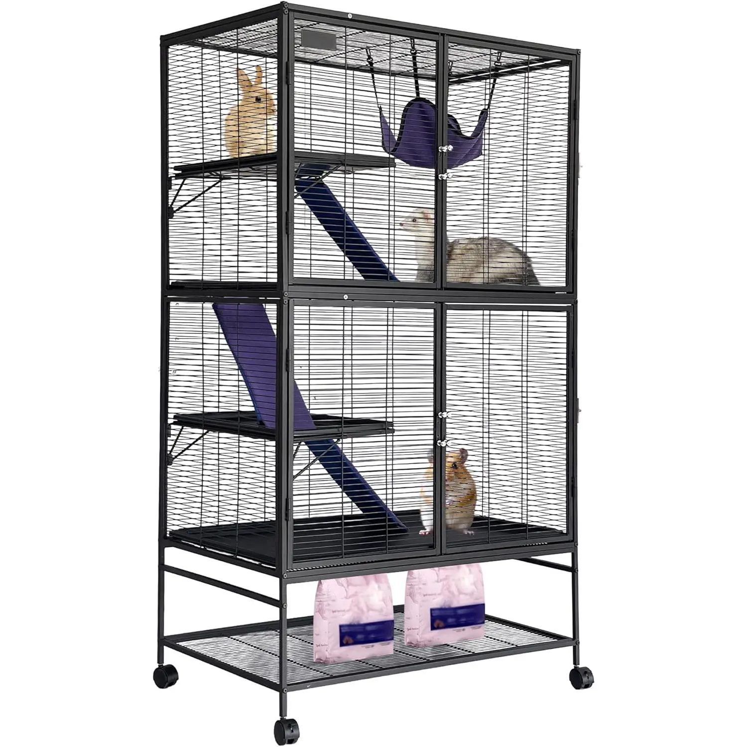 64 Inch 4-Tier Metal Small Animal Cage, Large Spacious Ferret Hamster Habitat with Removable Ramp, Cozy Hammock, Bottom Storage Stand, Lockable Casters & Washable Tray, Multi-Level Pet House for Ferret, Chinchilla and Hamster Indoor Use