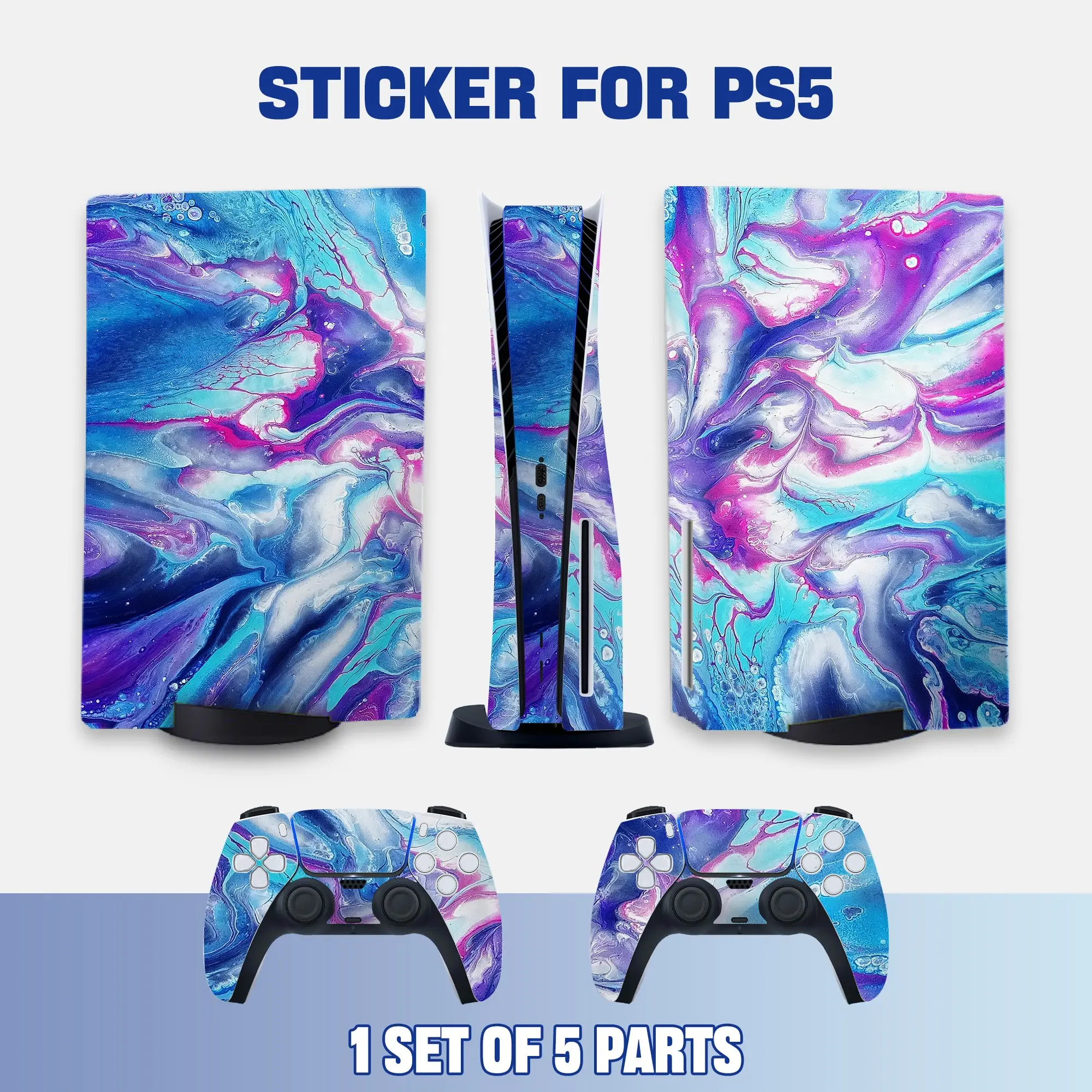 Ps5 Drive Edition Console & Controller Protective Stickers, Blue Fluid Art Vinyl Decals, Stylish Gaming Accessories