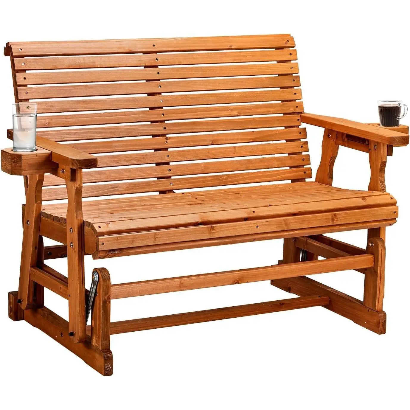 Outvita Outdoor Glider Wood Patio Chair with Cup Holders, Outdoor Bench Glider Loveseat with Smooth Rocking Mechanism, Heavy Duty 800 LBS Summervibes