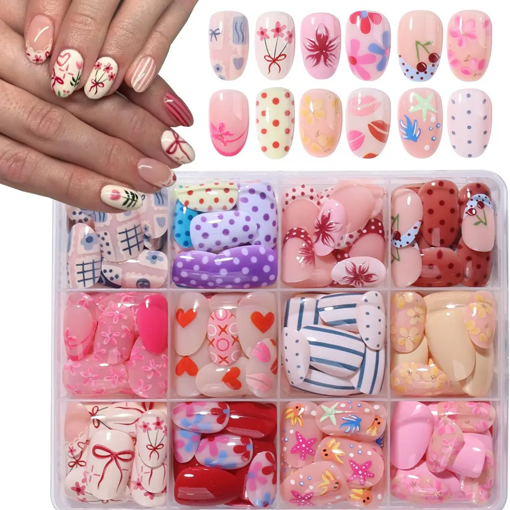 288pcs Short Oval Fake Nails, Decorative Nails, Multi-Color Patterns, Press-On Acrylic Nails, Perfect Fit, Easy to Wear, Ideal for Parties and Daily Use