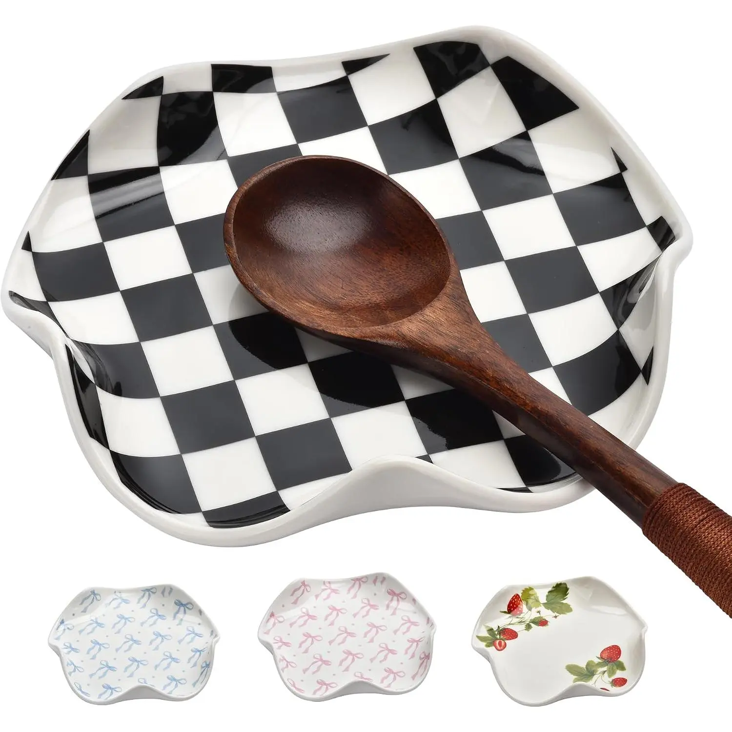 Black White Checkered Ceramic Spoon Rest, Heat Resistant Spoon Holder for Stove Top, Decorative Kitchen Utensil Tray, Housewarming  for Cooking Lovers