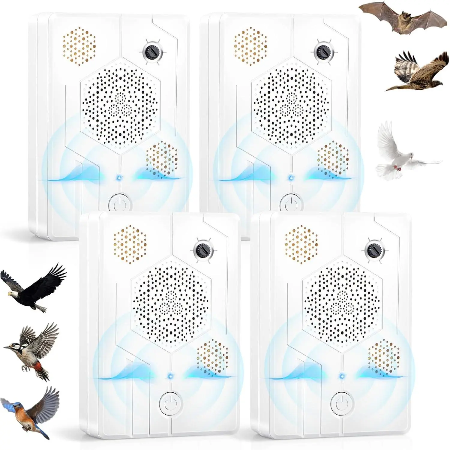 4Pack Upgraded Bat Deterrent Devices & Ultrasonic Bird Repellent Outdoor Rechargeable Woodpecker Pigeon Deterrent to Keep Birds Bats Out of Attic Porch Balconies Indoor