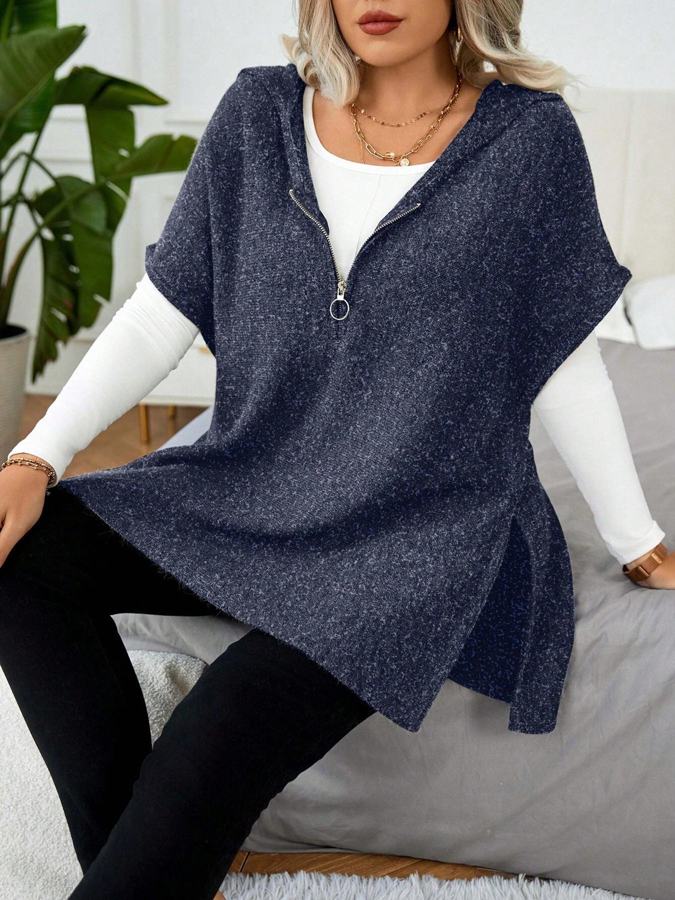 【Plus Size】 Women's Solid Half Zip Up Hooded Sweater, Casual Split Hem Jumper for Spring & Fall, Fashion Women's Knitwear for Daily Wear