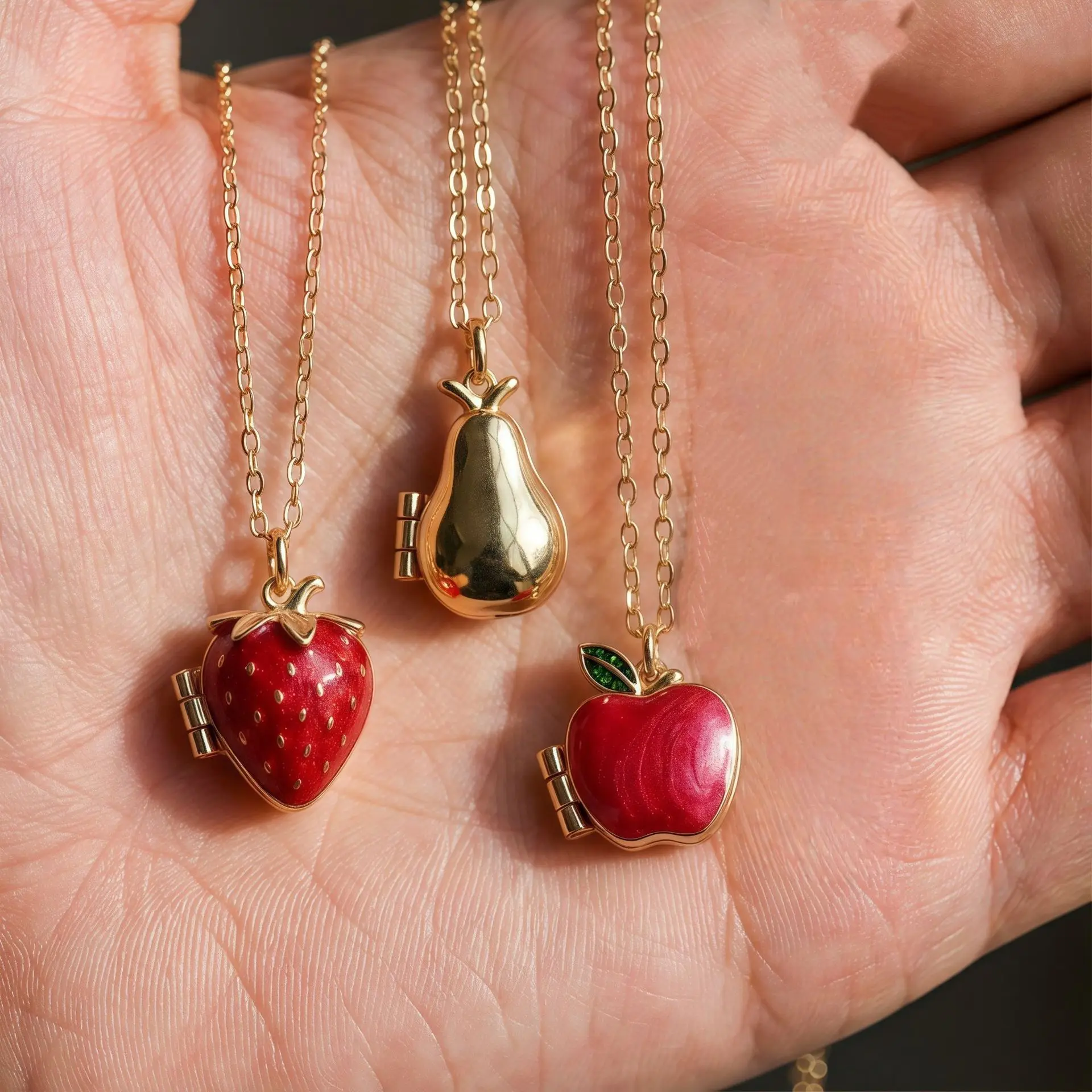18k Openable Pendant Necklace - Fruit Design (Strawberry, Apple, Pear) with Diamonds and Oil Drops