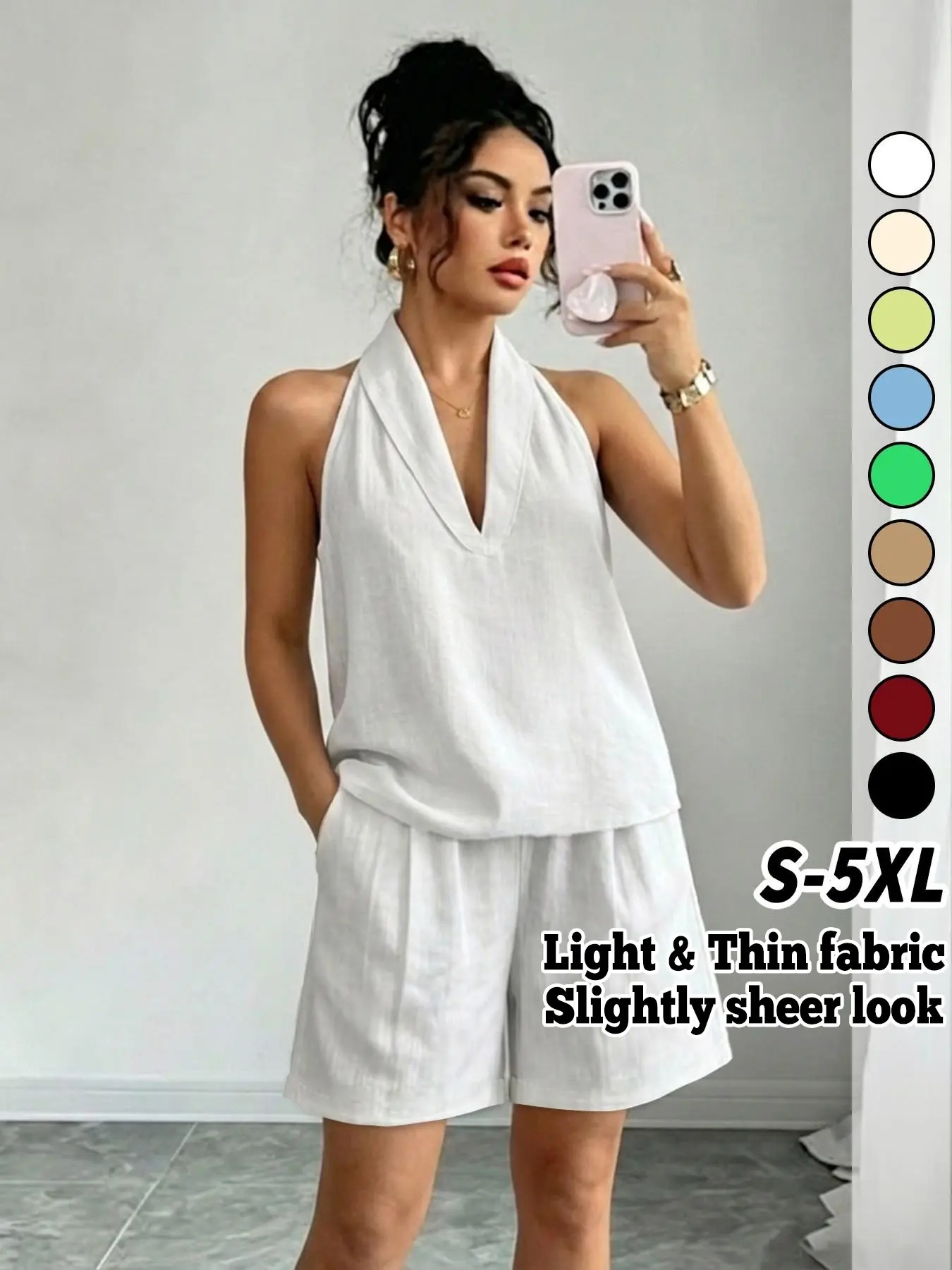 Women’s Linen Look Breathable 2 Piece Matching Set – Draped Cowl Neck Sleeveless Top & Pocket Shorts | Relaxed Vacation Resort Summer Outfit