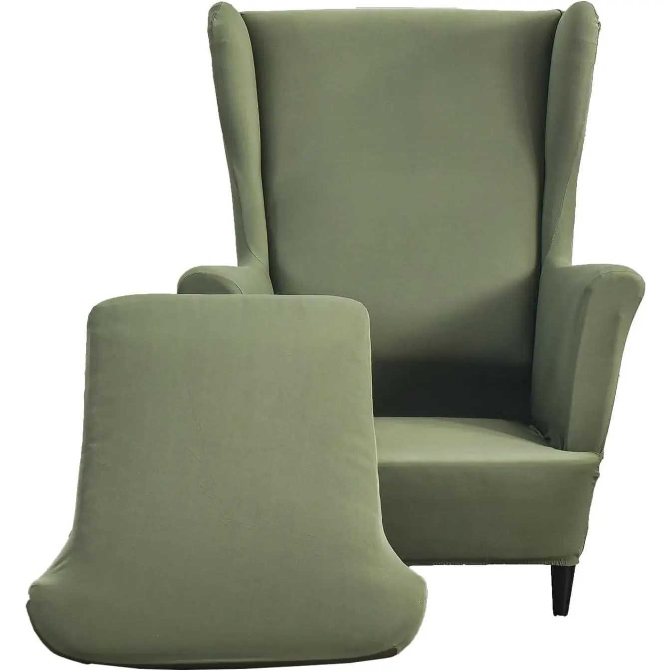 Polyester Wing Chair Covers 2 Piece Stretch Wingback Chair Slipcover Solid Wingback Armchair Covers with Elastic Bottom for Living Room Bedroom Wingback Chair,Green