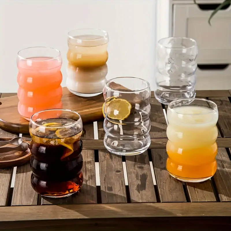 4-Piece Set High Borosilicate Glass Cups, Wave Shape Bubble Design, Retro Ripple Pattern, Creative Glassware for Ice Coffee, Cocktail, Soda, Juice, Beer