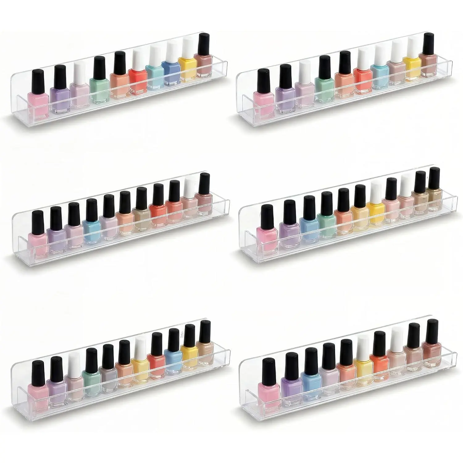 6 Pack Wall Mounted   Polish Organizer Rack 15 Inch Clear  Polish Shelf with Removable Ends Multi-Purpose Shelf for Essential Oils  Storage Display for Salon Bathroom