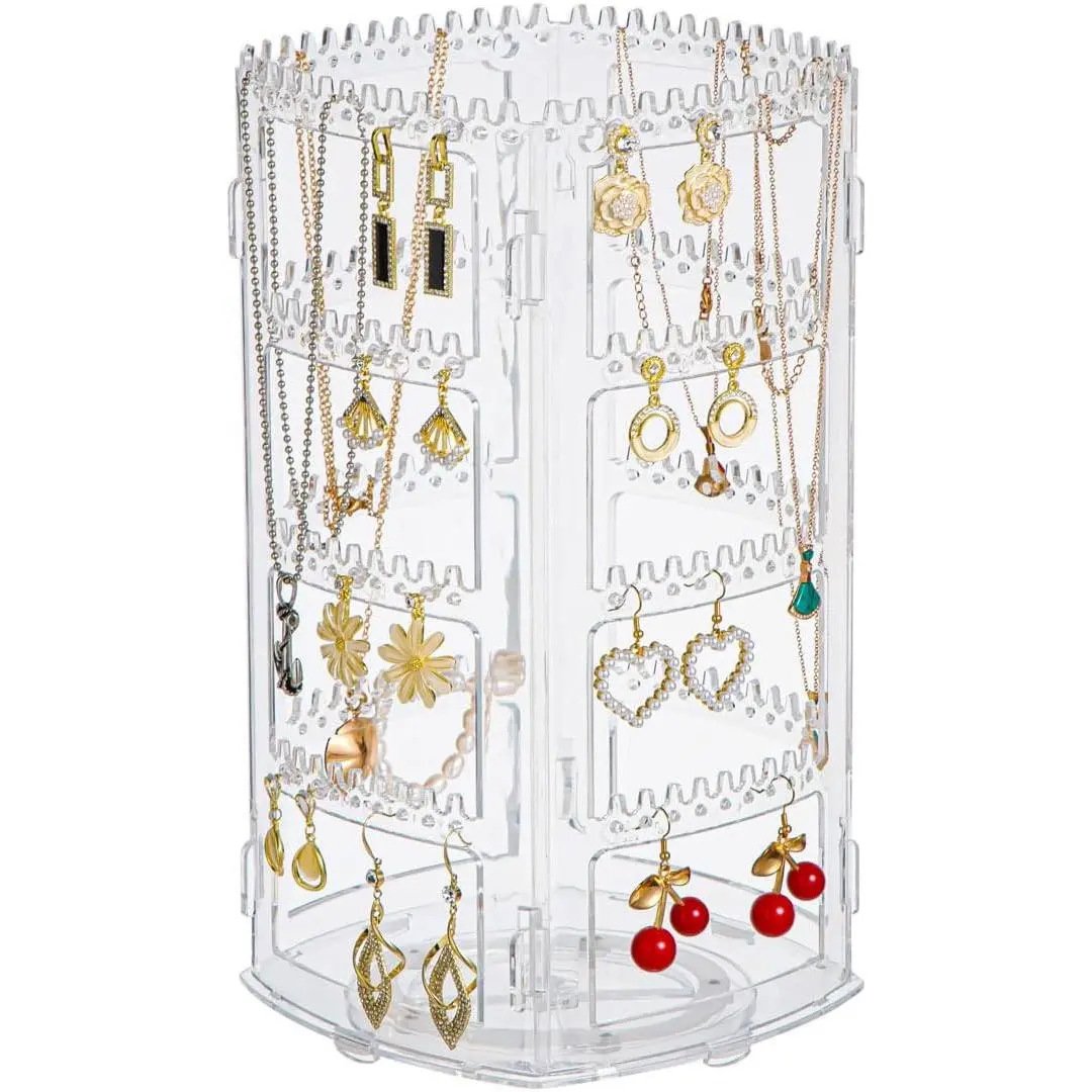 360° Rotating Jewellery Stand Organiser, Clear Display Earring Holder, 4 Tiers Jewellery Stand Necklace Stand  Dangle Earring Necklace Bracelet Display Rack Stand for Storage