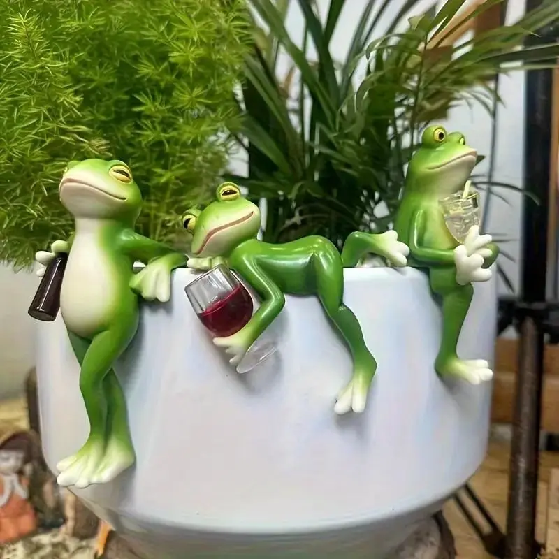 Set of 3 Resin Frog Figurines with Drinks, Modern Durable Decor for Balcony, Planter Decoration, Wedding, Christmas, All Seasons