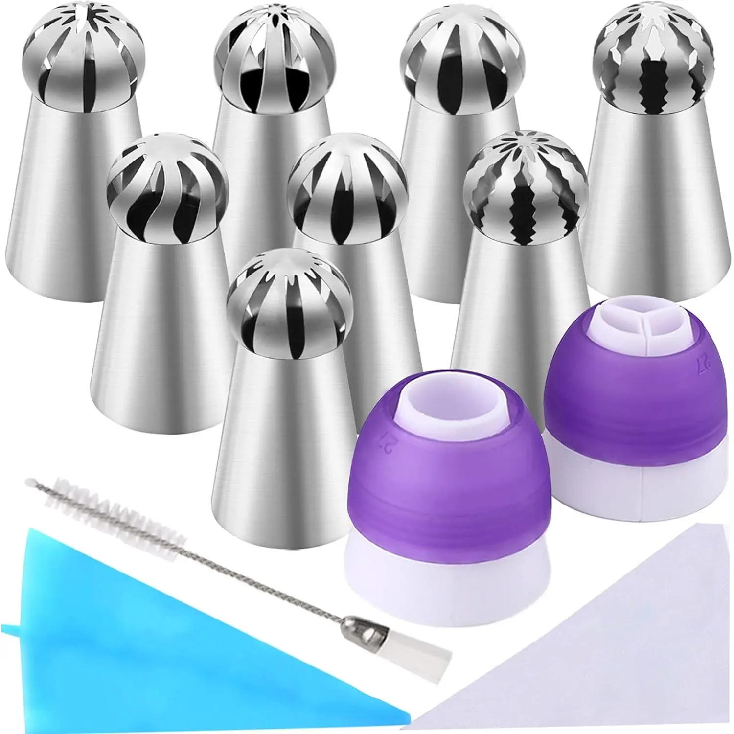 42 count Russian Piping Tips Set, 8 Nozzles Flower Frosting Icing Tips Russian Ball Piping Tips for Cake Decorating Kit, 2 Couplers 30 Pastry Baking Bags 1 Cleaning Brush, 1   Bag